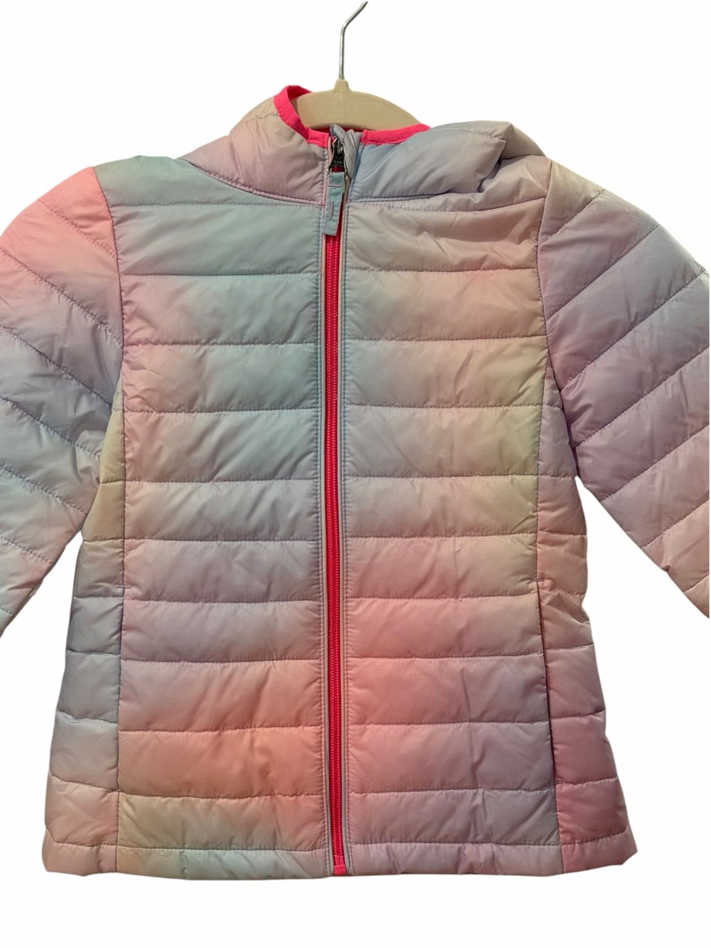 Amazon Essentials Girls Pastel Rainbow Ombre Hooded Puffer Jacket S 6-7
